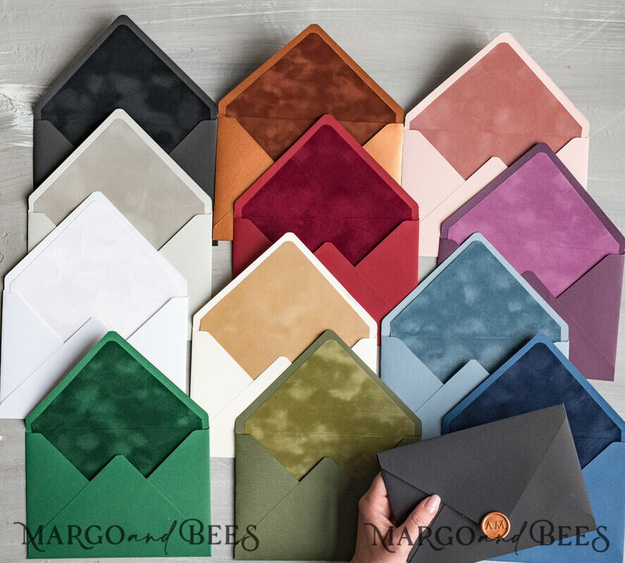 WEDDING INVITATIONS Velvet Envelopes custom colors envelopes for invitations with velvet liners, a7 handmade Envelopes with velvet liner for Wedding cards