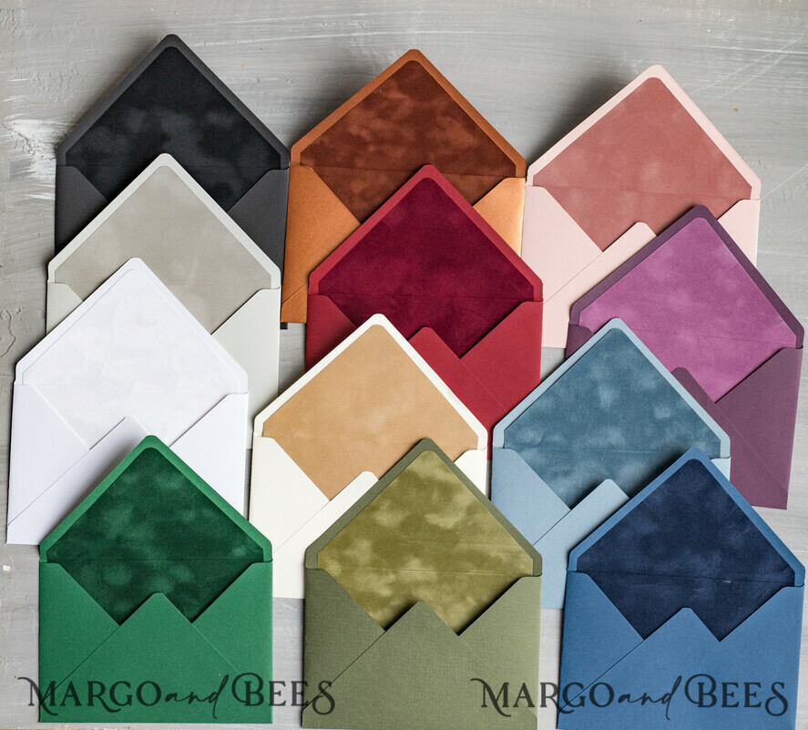 WEDDING INVITATIONS Velvet Envelopes custom colors envelopes for invitations with velvet liners, a7 handmade Envelopes with velvet liner for Wedding cards