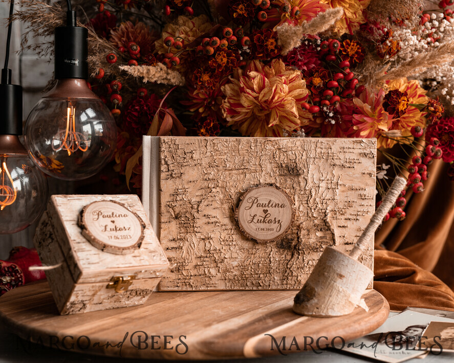 WEDDING GUEST BOOKS Wooden Rustic Guestbooks Rustic Wooden Wedding GuestBook and ring box set , Boho Instax Instant Photo Booth, Wood Album Rustic guest book polaroids