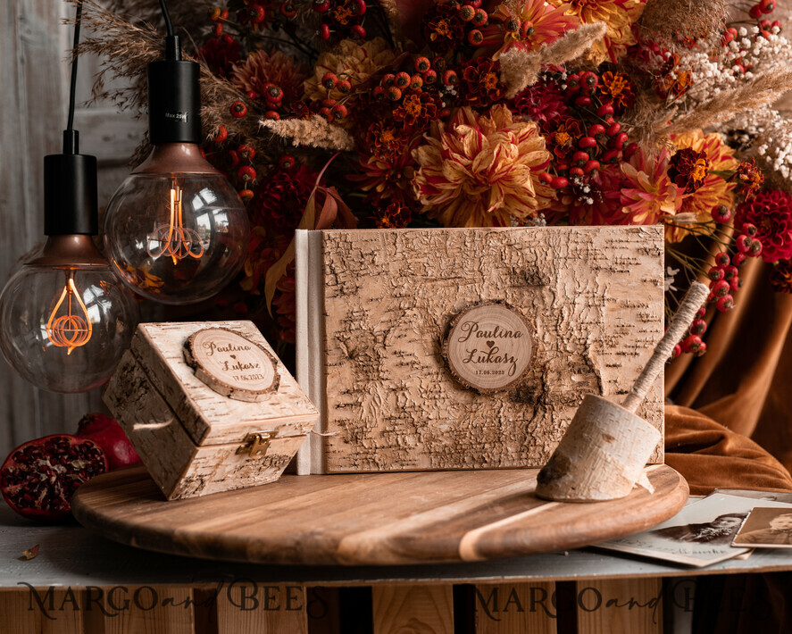 WEDDING GUEST BOOKS Wooden Rustic Guestbooks Rustic Wooden Wedding GuestBook and ring box set , Boho Instax Instant Photo Booth, Wood Album Rustic guest book polaroids