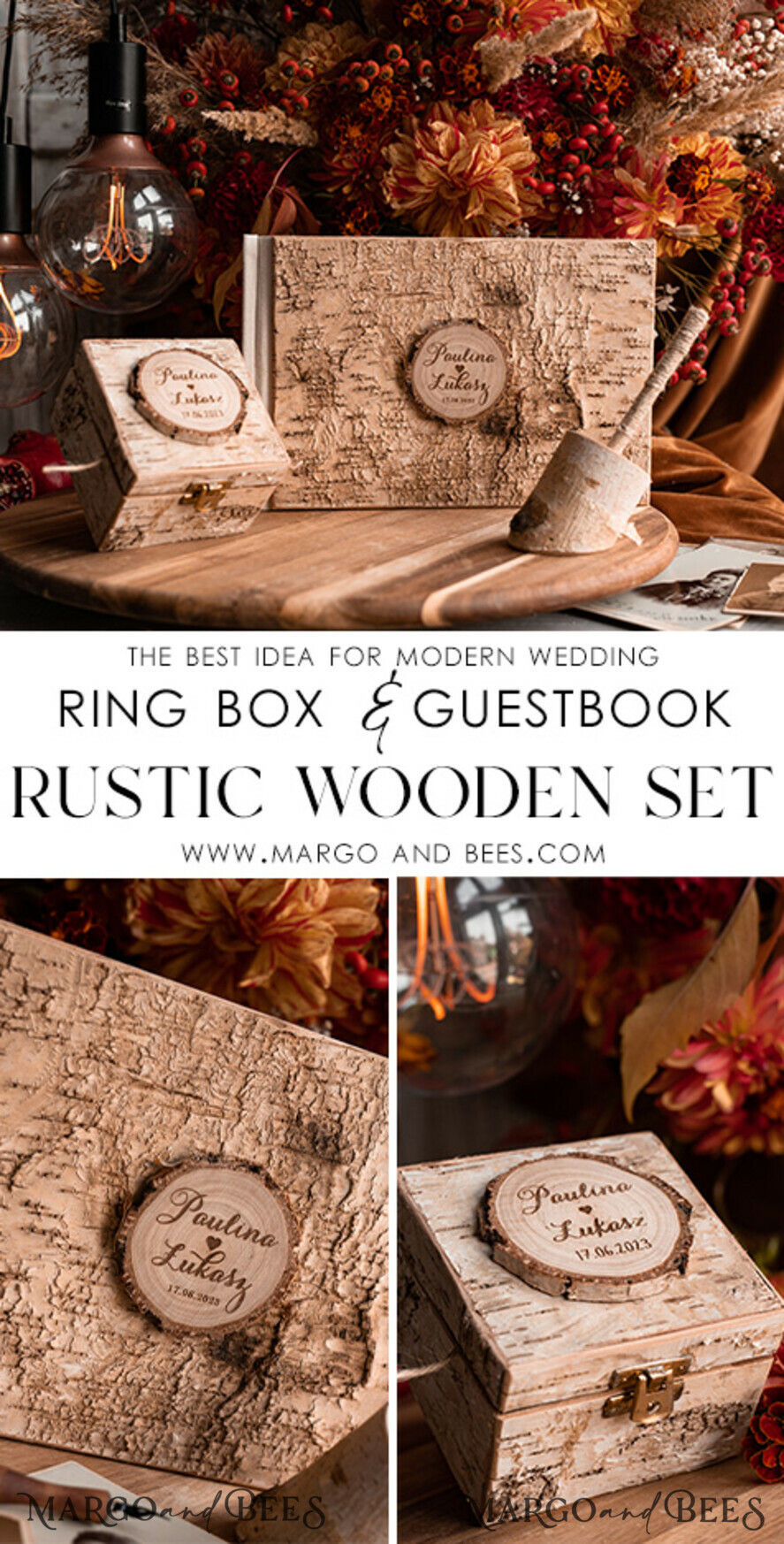 WEDDING GUEST BOOKS Wooden Rustic Guestbooks Rustic Wooden Wedding GuestBook and ring box set , Boho Instax Instant Photo Booth, Wood Album Rustic guest book polaroids