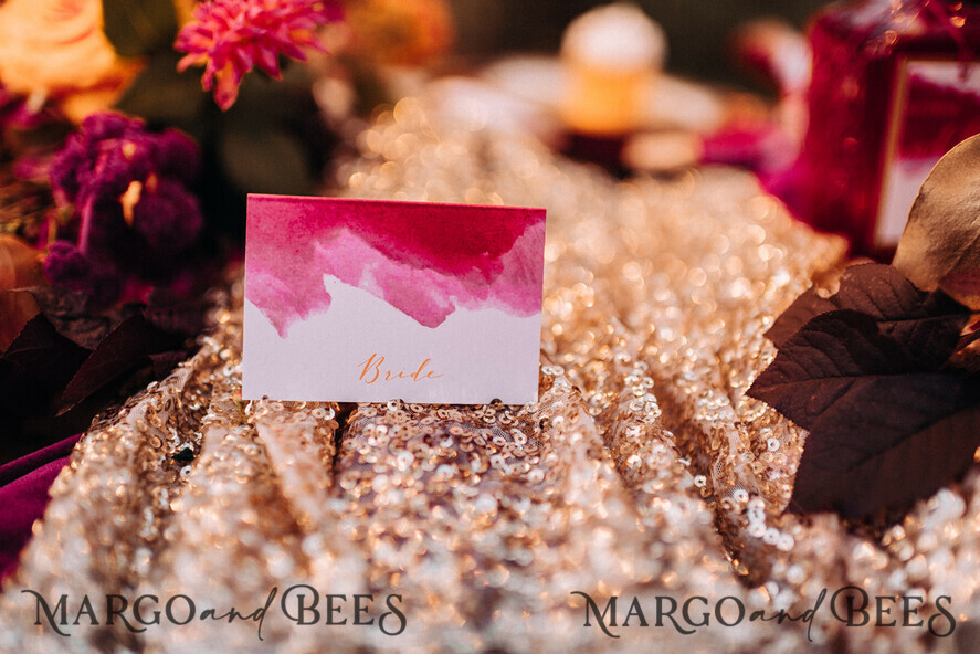 PLACE CARDS / TABLE CARDS Boho Elegance Bold Line Burgundy Wedding Place Cards, Delicate Pink Watercolor Graphic, Modern Design Wedding Name Tags, Unique Wine Wedding Stationery, Editable Text Escort Cards