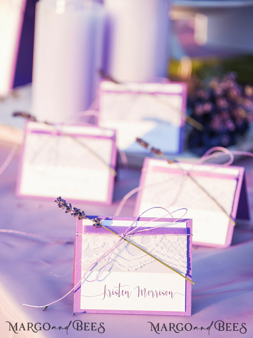 PLACE CARDS / TABLE CARDS Lace Romantic Lace Purple Wedding Place Cards with Purple Twine, Elegant Lavender Name Tags, Ivory Stationery with Purple Custom Wording for Your Wedding Tables