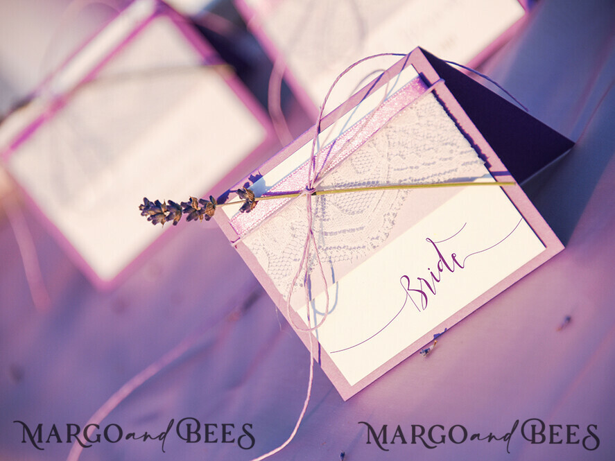 PLACE CARDS / TABLE CARDS Lace Romantic Lace Purple Wedding Place Cards with Purple Twine, Elegant Lavender Name Tags, Ivory Stationery with Purple Custom Wording for Your Wedding Tables
