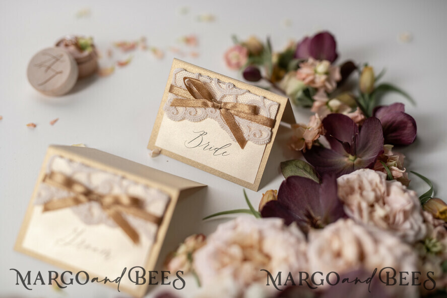PLACE CARDS / TABLE CARDS Lace Elegant Shimmer Gold Place Cards with Gold Ribbon, Ivory Lace Wedding Name Tags for Your Wedding Tables, Romantic Wedding Stationery, Gold Luxury Place Cards