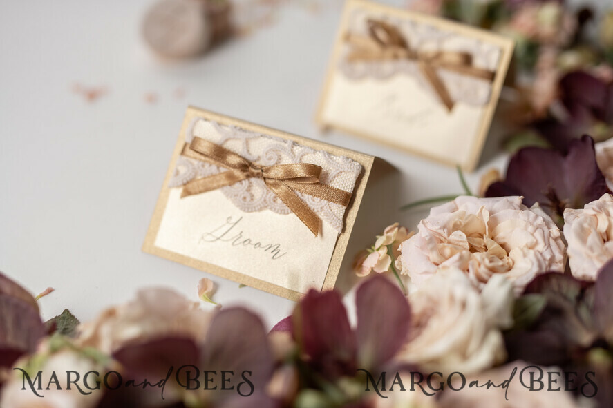PLACE CARDS / TABLE CARDS Lace Elegant Shimmer Gold Place Cards with Gold Ribbon, Ivory Lace Wedding Name Tags for Your Wedding Tables, Romantic Wedding Stationery, Gold Luxury Place Cards