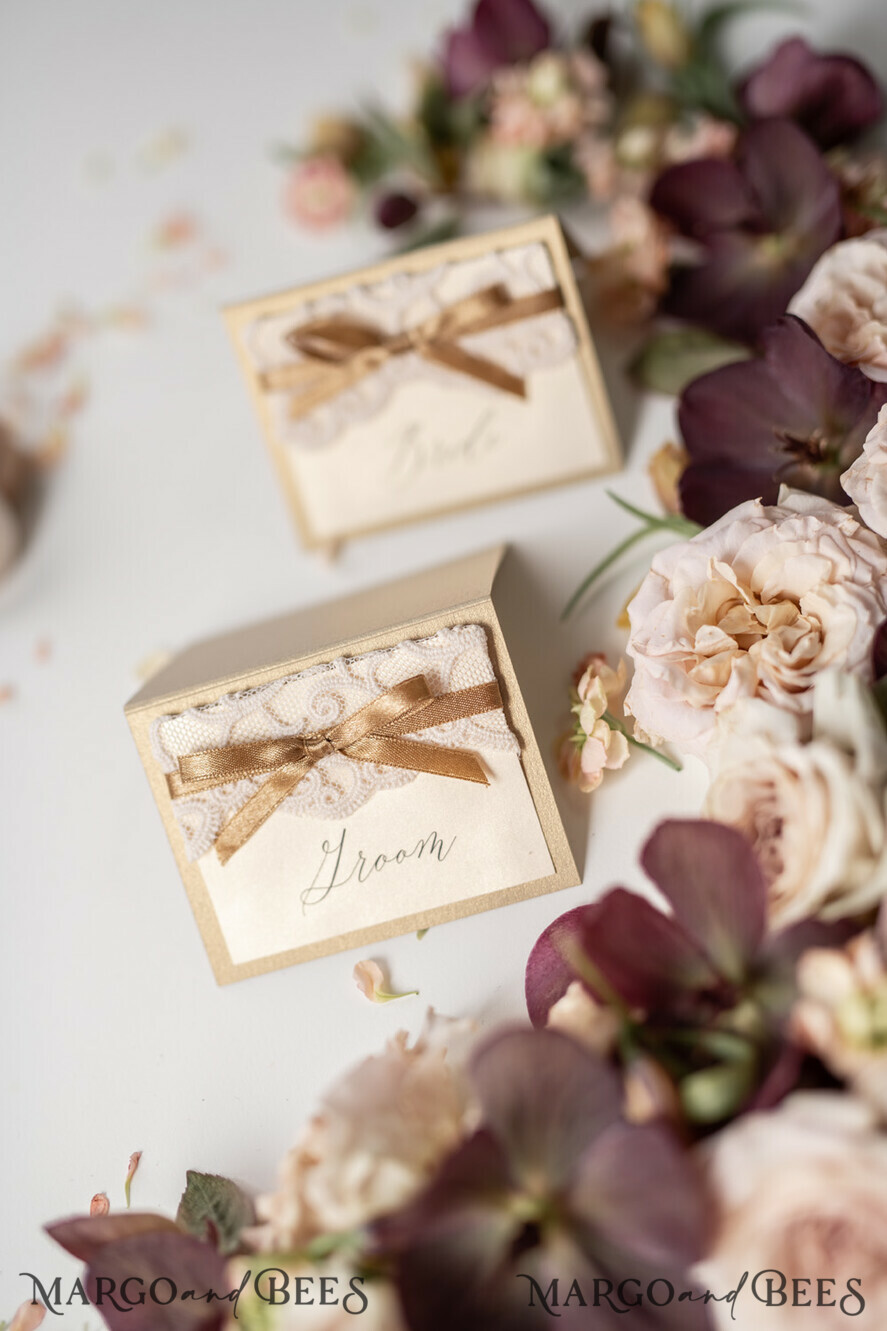 PLACE CARDS / TABLE CARDS Lace Elegant Shimmer Gold Place Cards with Gold Ribbon, Ivory Lace Wedding Name Tags for Your Wedding Tables, Romantic Wedding Stationery, Gold Luxury Place Cards