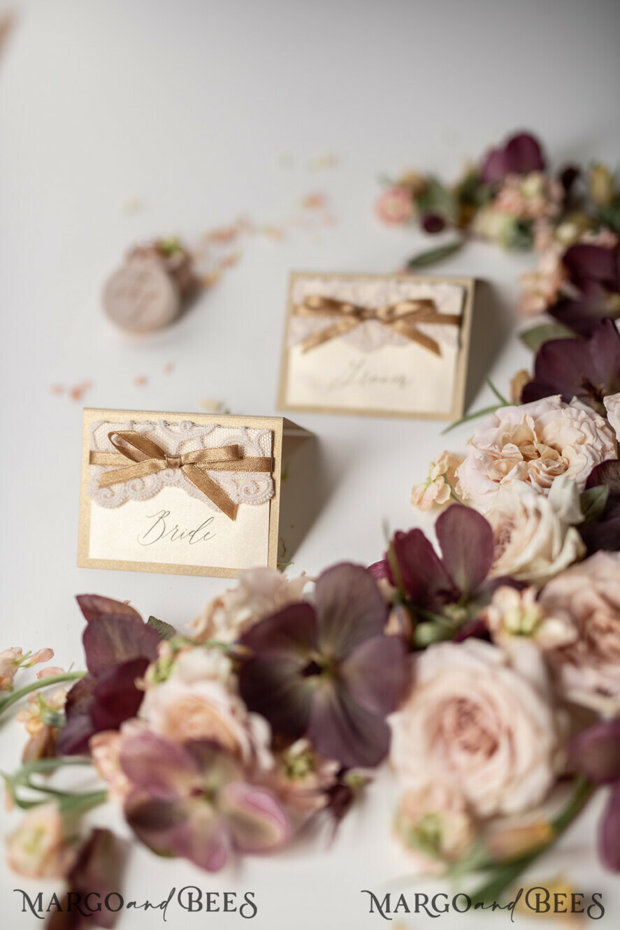 PLACE CARDS / TABLE CARDS Lace Elegant Shimmer Gold Place Cards with Gold Ribbon, Ivory Lace Wedding Name Tags for Your Wedding Tables, Romantic Wedding Stationery, Gold Luxury Place Cards