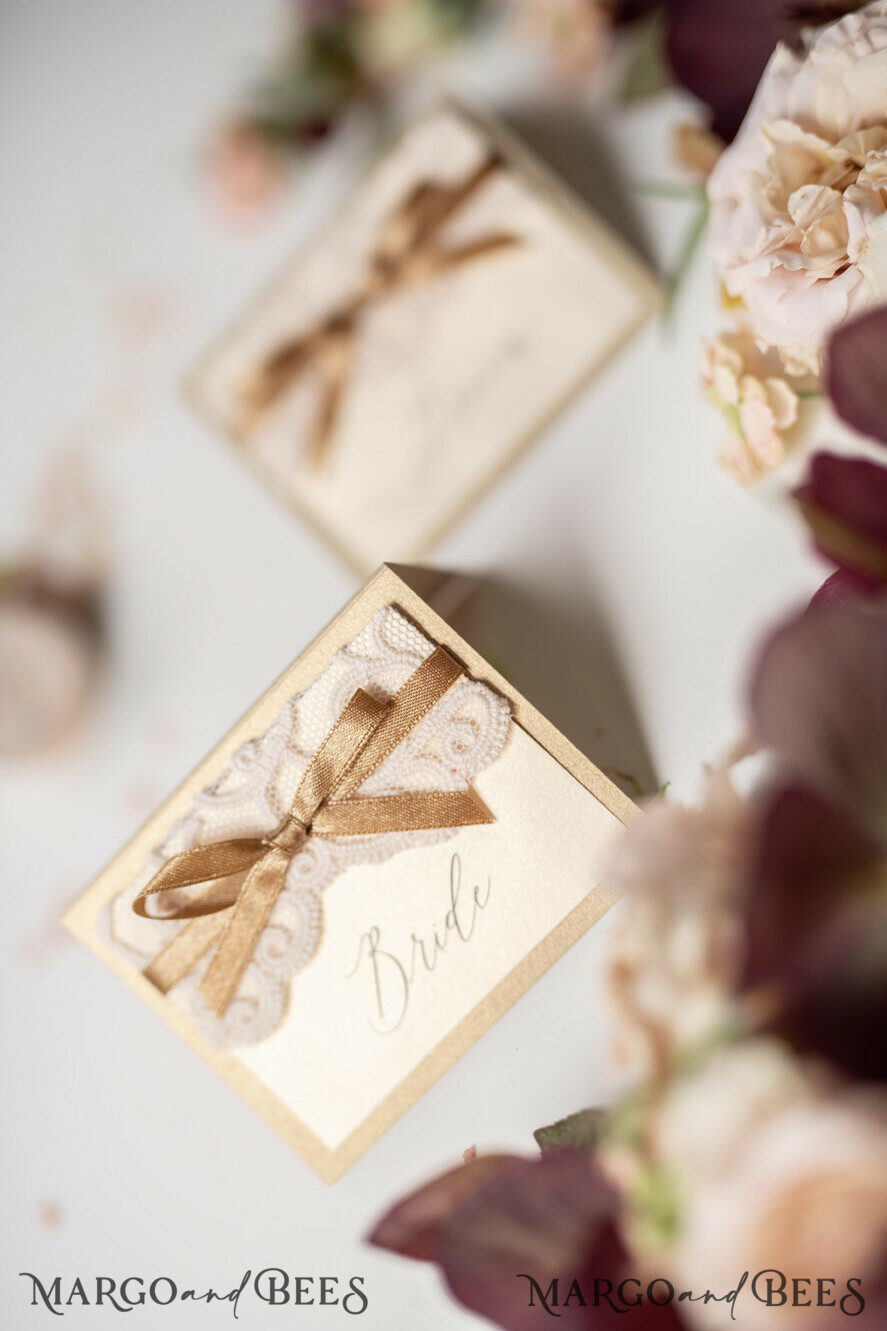 PLACE CARDS / TABLE CARDS Lace Elegant Shimmer Gold Place Cards with Gold Ribbon, Ivory Lace Wedding Name Tags for Your Wedding Tables, Romantic Wedding Stationery, Gold Luxury Place Cards