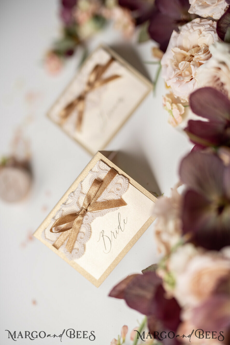 PLACE CARDS / TABLE CARDS Lace Elegant Shimmer Gold Place Cards with Gold Ribbon, Ivory Lace Wedding Name Tags for Your Wedding Tables, Romantic Wedding Stationery, Gold Luxury Place Cards