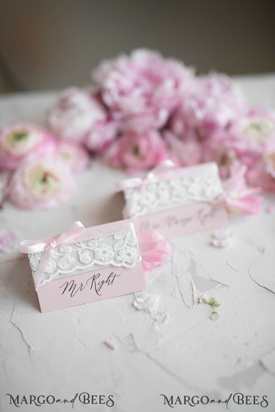 PLACE CARDS / TABLE CARDS Lace Romantic Lace Blush Pink Wedding Place Cards with Blush Pink Ribbon, Elegant Name Tags for Your Wedding Tables, Blush Pink Weddign Stationery, Gorgeous Cards