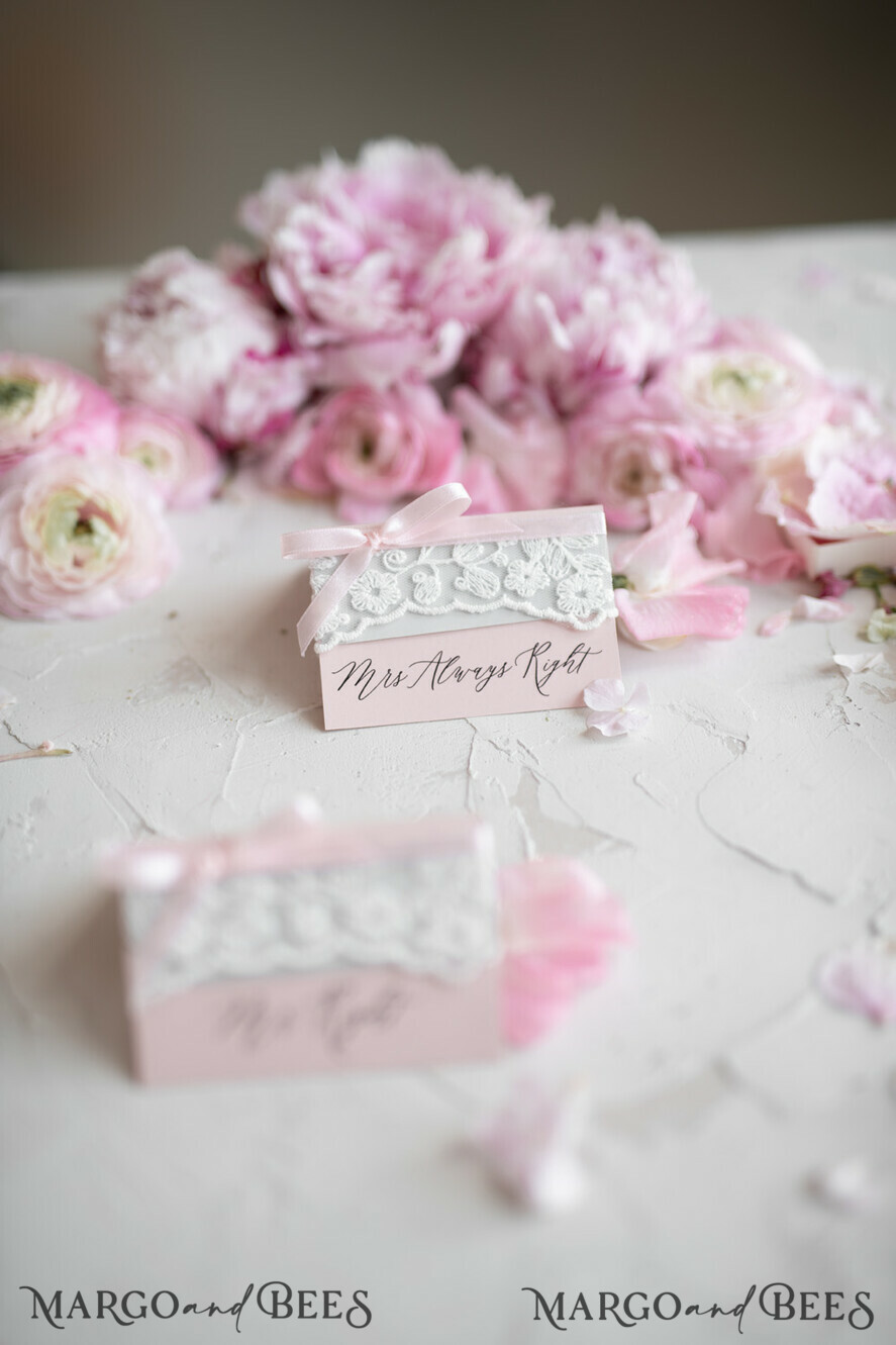 PLACE CARDS / TABLE CARDS Lace Romantic Lace Blush Pink Wedding Place Cards with Blush Pink Ribbon, Elegant Name Tags for Your Wedding Tables, Blush Pink Weddign Stationery, Gorgeous Cards