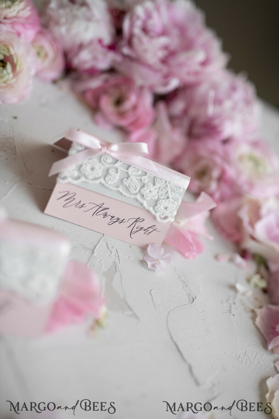 PLACE CARDS / TABLE CARDS Lace Romantic Lace Blush Pink Wedding Place Cards with Blush Pink Ribbon, Elegant Name Tags for Your Wedding Tables, Blush Pink Weddign Stationery, Gorgeous Cards