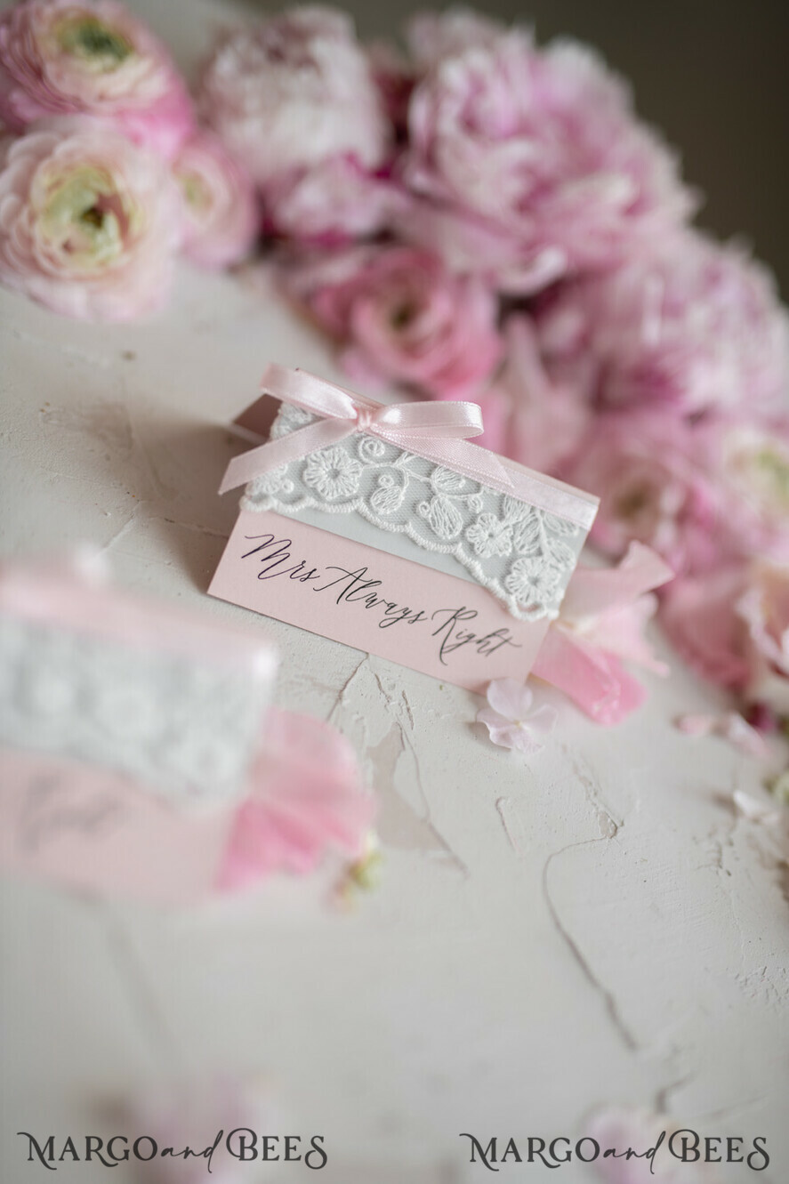 PLACE CARDS / TABLE CARDS Lace Romantic Lace Blush Pink Wedding Place Cards with Blush Pink Ribbon, Elegant Name Tags for Your Wedding Tables, Blush Pink Weddign Stationery, Gorgeous Cards