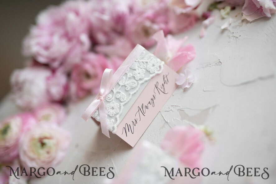PLACE CARDS / TABLE CARDS Lace Romantic Lace Blush Pink Wedding Place Cards with Blush Pink Ribbon, Elegant Name Tags for Your Wedding Tables, Blush Pink Weddign Stationery, Gorgeous Cards