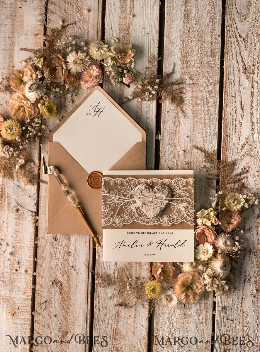 WEDDING INVITATIONS rustic / country / shabby chick Rustic Lace Wedding Invitations Eco Romantic Presonalized Invites Handcrafted with wooden Heart
