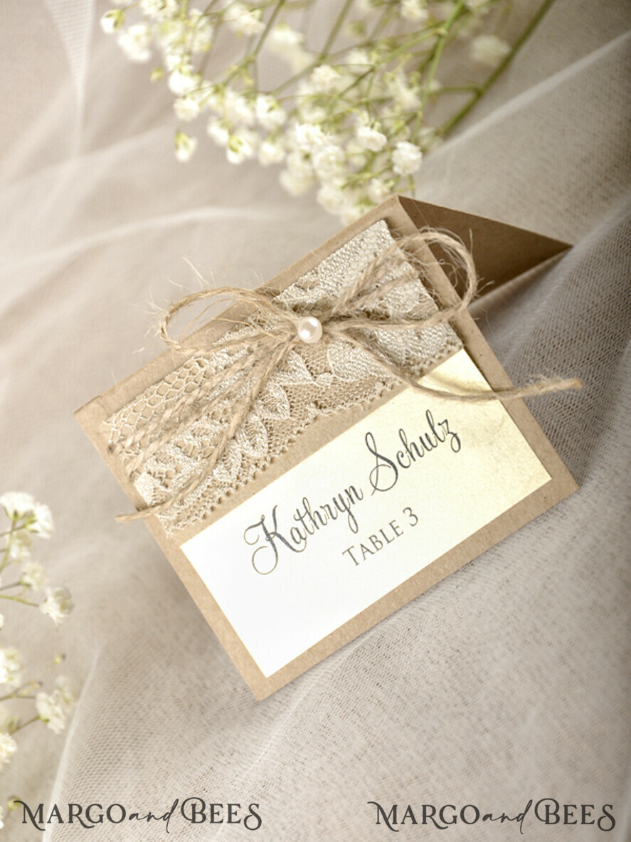 PLACE CARDS / TABLE CARDS Rustic Eco Wedding Place cards Shimmer Ecru Eco Wedding Place Cards, Rustic Place Cards, Lace and Burlap Twine Wedding Name Cards with Pearl Decor, Eco Rustic Name Tags, Editable Text