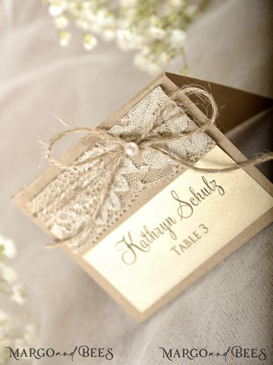 PLACE CARDS / TABLE CARDS Rustic Eco Wedding Place cards Shimmer Ecru Eco Wedding Place Cards, Rustic Place Cards, Lace and Burlap Twine Wedding Name Cards with Pearl Decor, Eco Rustic Name Tags, Editable Text