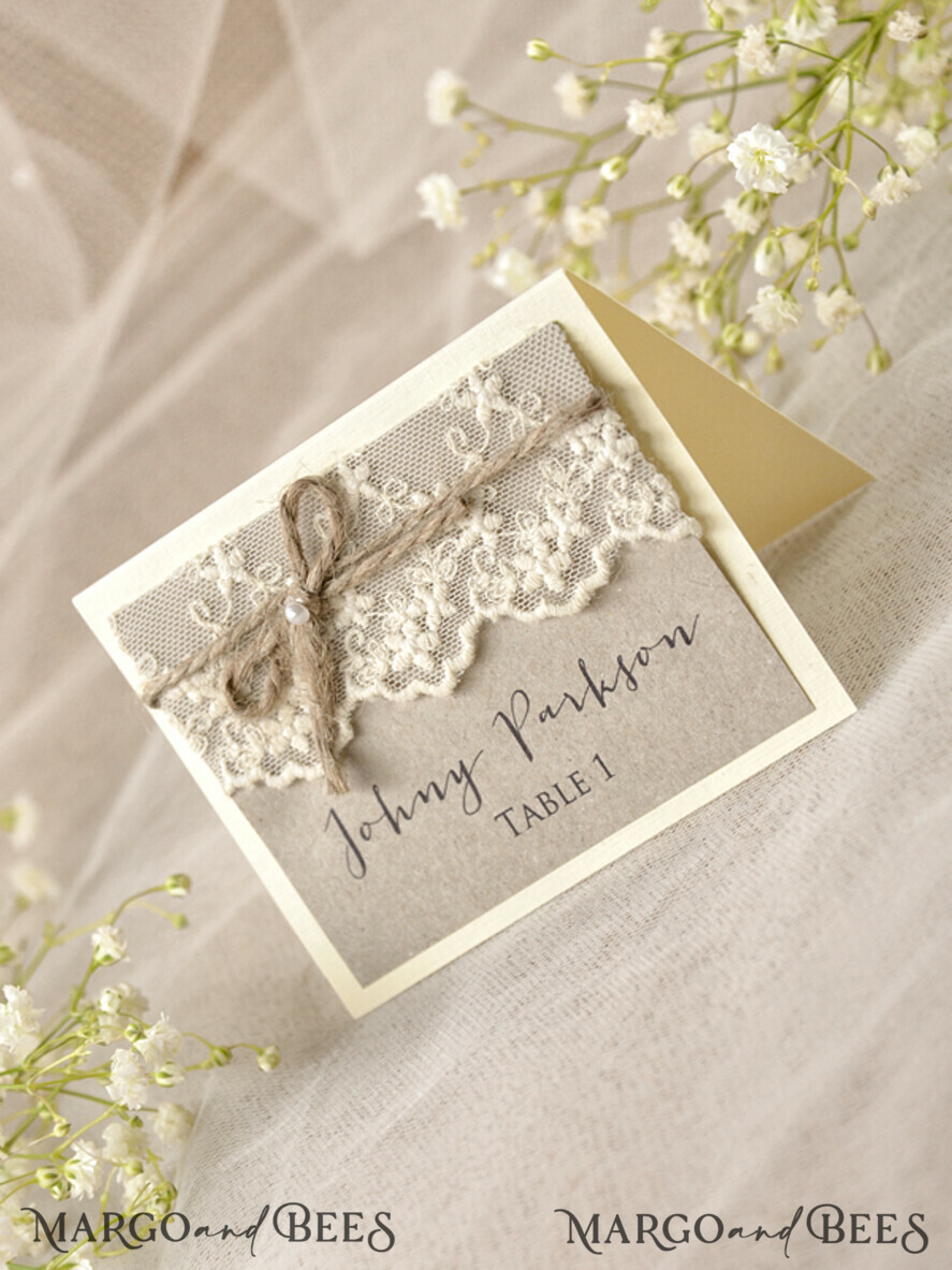 PLACE CARDS / TABLE CARDS Rustic Eco Wedding Place cards Romantic Eco Wedding Place Cards with Elegant White Lace and Brown Burlap Twine, Rustic Wedding Stationery, Delicate Wedding Place Cards, Rustic Escort Cards