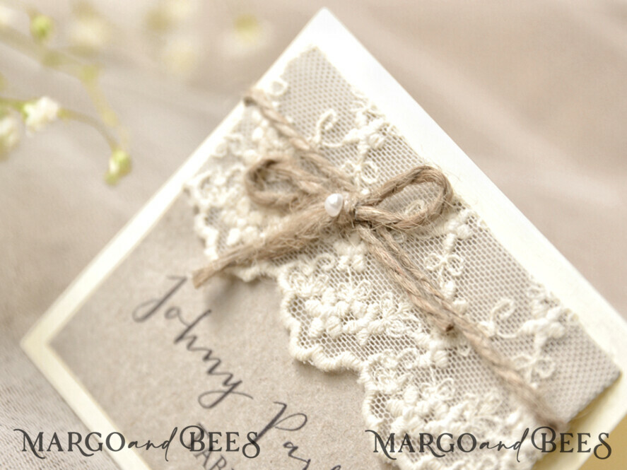 PLACE CARDS / TABLE CARDS Rustic Eco Wedding Place cards Romantic Eco Wedding Place Cards with Elegant White Lace and Brown Burlap Twine, Rustic Wedding Stationery, Delicate Wedding Place Cards, Rustic Escort Cards