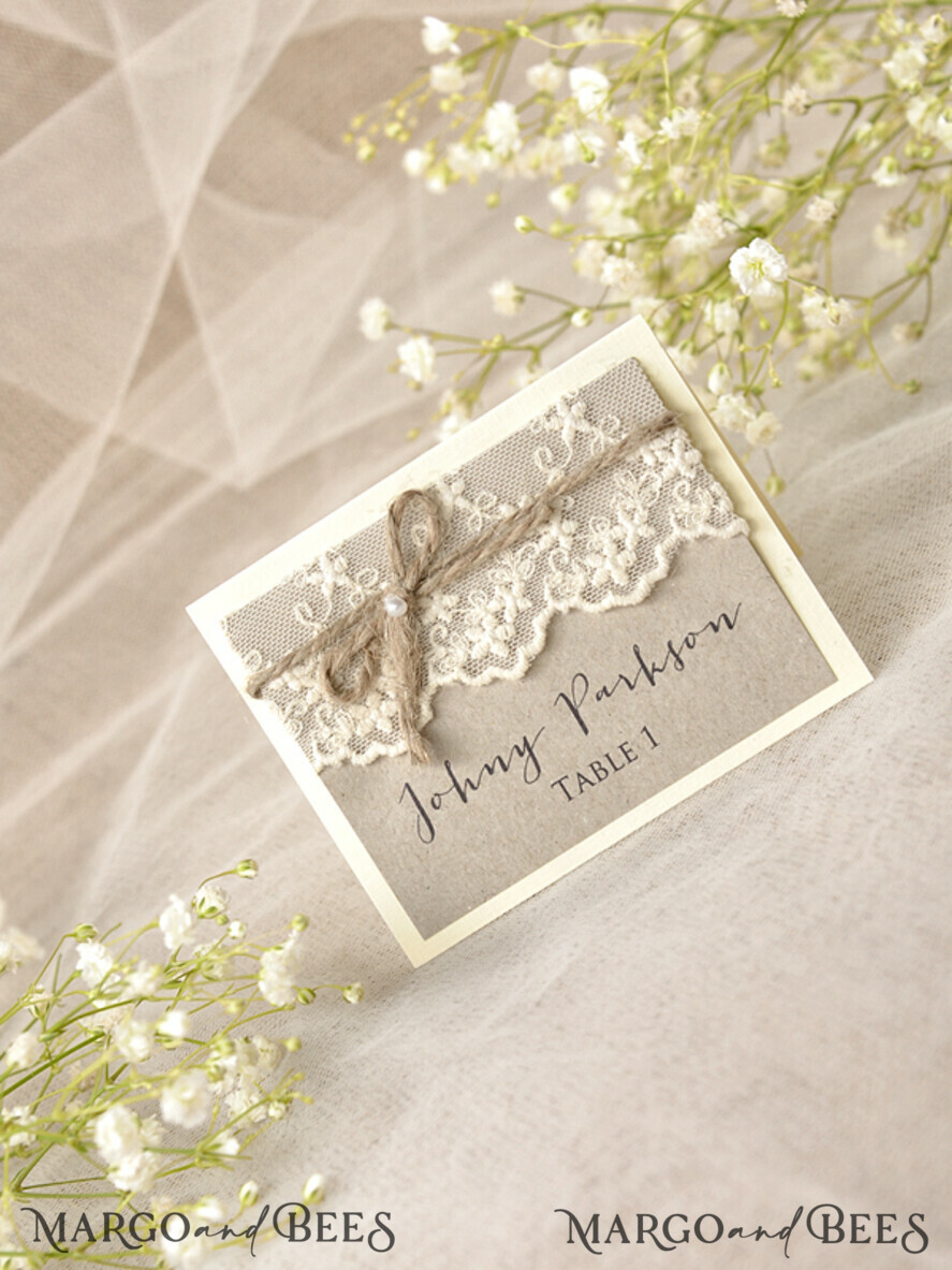 PLACE CARDS / TABLE CARDS Rustic Eco Wedding Place cards Romantic Eco Wedding Place Cards with Elegant White Lace and Brown Burlap Twine, Rustic Wedding Stationery, Delicate Wedding Place Cards, Rustic Escort Cards