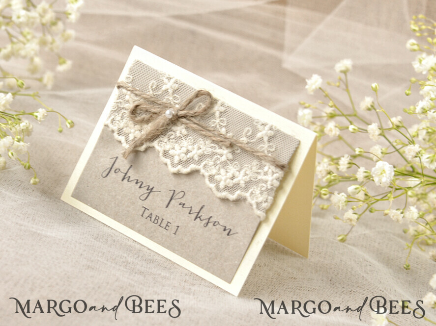 PLACE CARDS / TABLE CARDS Rustic Eco Wedding Place cards Romantic Eco Wedding Place Cards with Elegant White Lace and Brown Burlap Twine, Rustic Wedding Stationery, Delicate Wedding Place Cards, Rustic Escort Cards