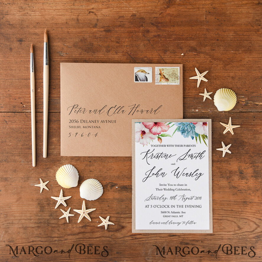 WEDDING INVITATIONS floral / boho / watercolor Tropical beach Wedding Invitations, Starfish Watercolor Seaside Wedding Invites, Hibiscus Flowers Wedding Cards