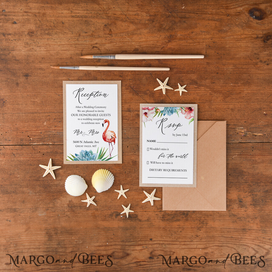 WEDDING INVITATIONS floral / boho / watercolor Tropical beach Wedding Invitations, Starfish Watercolor Seaside Wedding Invites, Hibiscus Flowers Wedding Cards