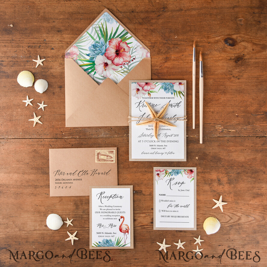 WEDDING INVITATIONS floral / boho / watercolor Tropical beach Wedding Invitations, Starfish Watercolor Seaside Wedding Invites, Hibiscus Flowers Wedding Cards