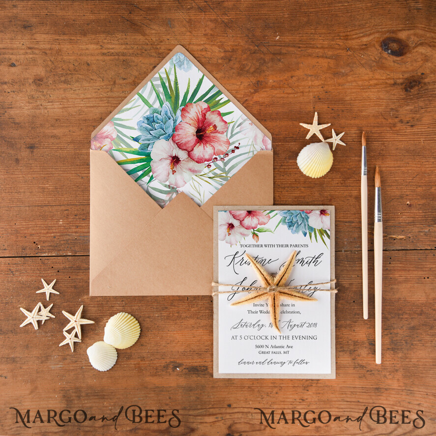 WEDDING INVITATIONS floral / boho / watercolor Tropical beach Wedding Invitations, Starfish Watercolor Seaside Wedding Invites, Hibiscus Flowers Wedding Cards