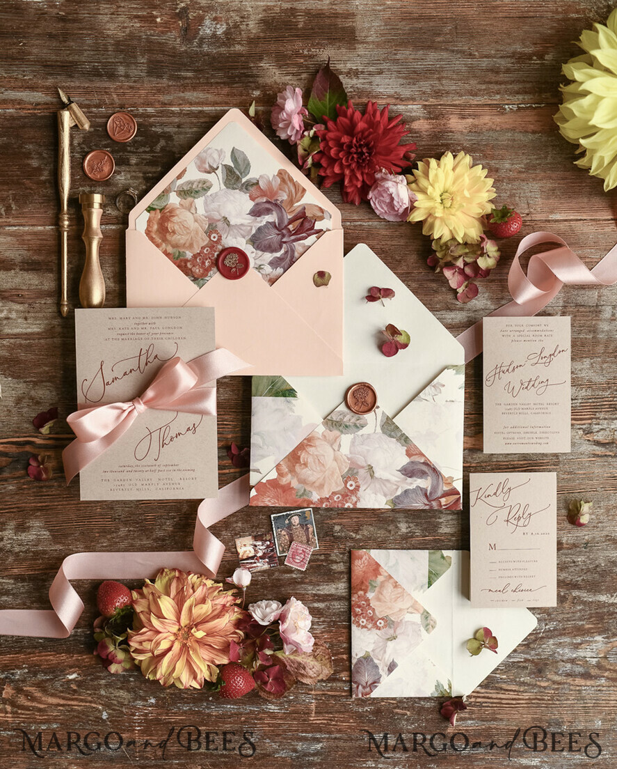 WEDDING INVITATIONS floral / boho / watercolor Wedding invitation suite elegant with calligraphy pritning floral pastel peach