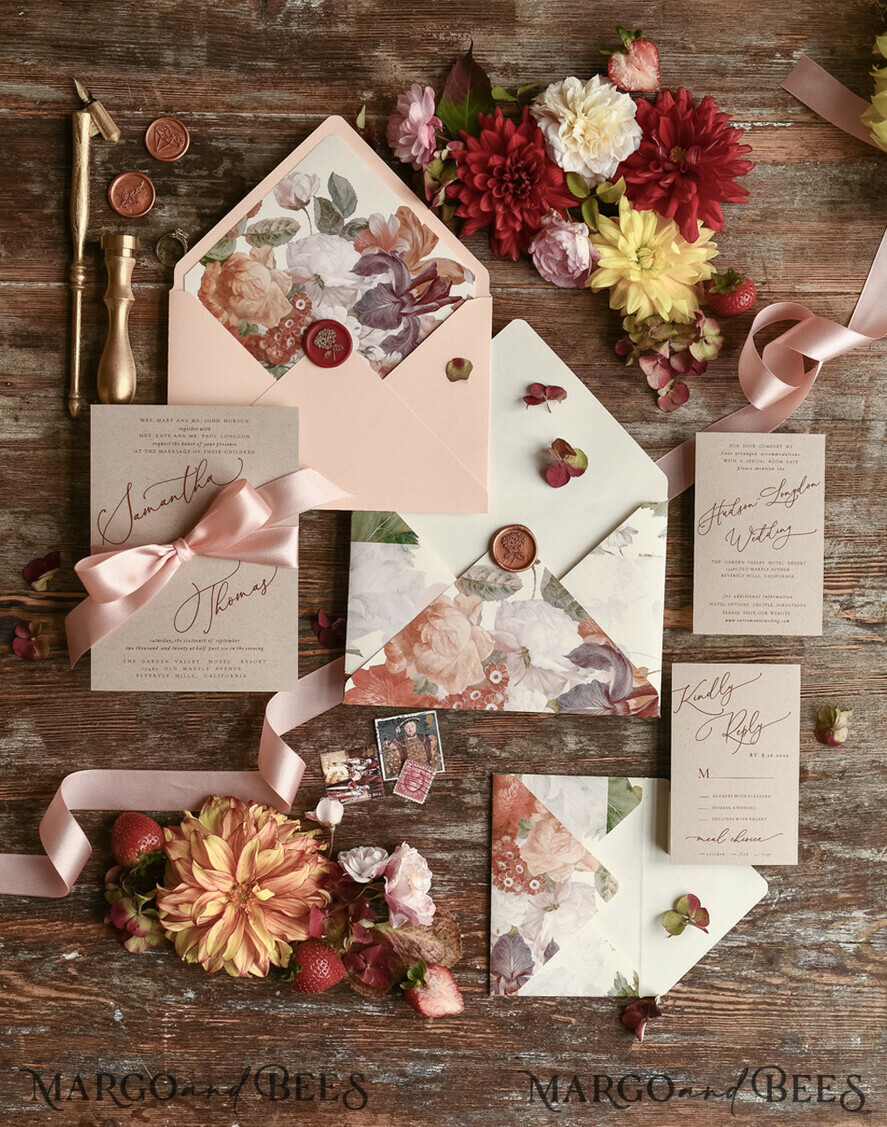 WEDDING INVITATIONS floral / boho / watercolor Wedding invitation suite elegant with calligraphy pritning floral pastel peach