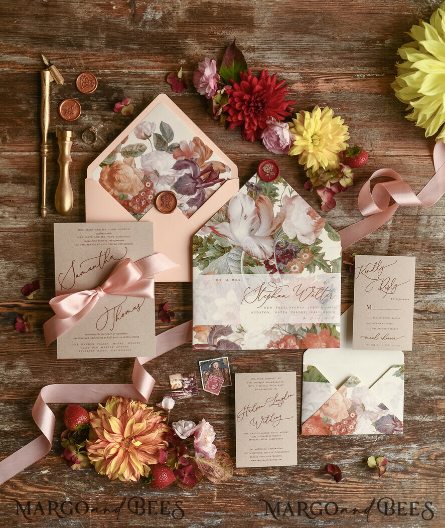 WEDDING INVITATIONS floral / boho / watercolor Wedding invitation suite elegant with calligraphy pritning floral pastel peach