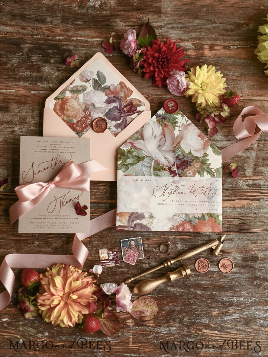 WEDDING INVITATIONS floral / boho / watercolor Wedding invitation suite elegant with calligraphy pritning floral pastel peach