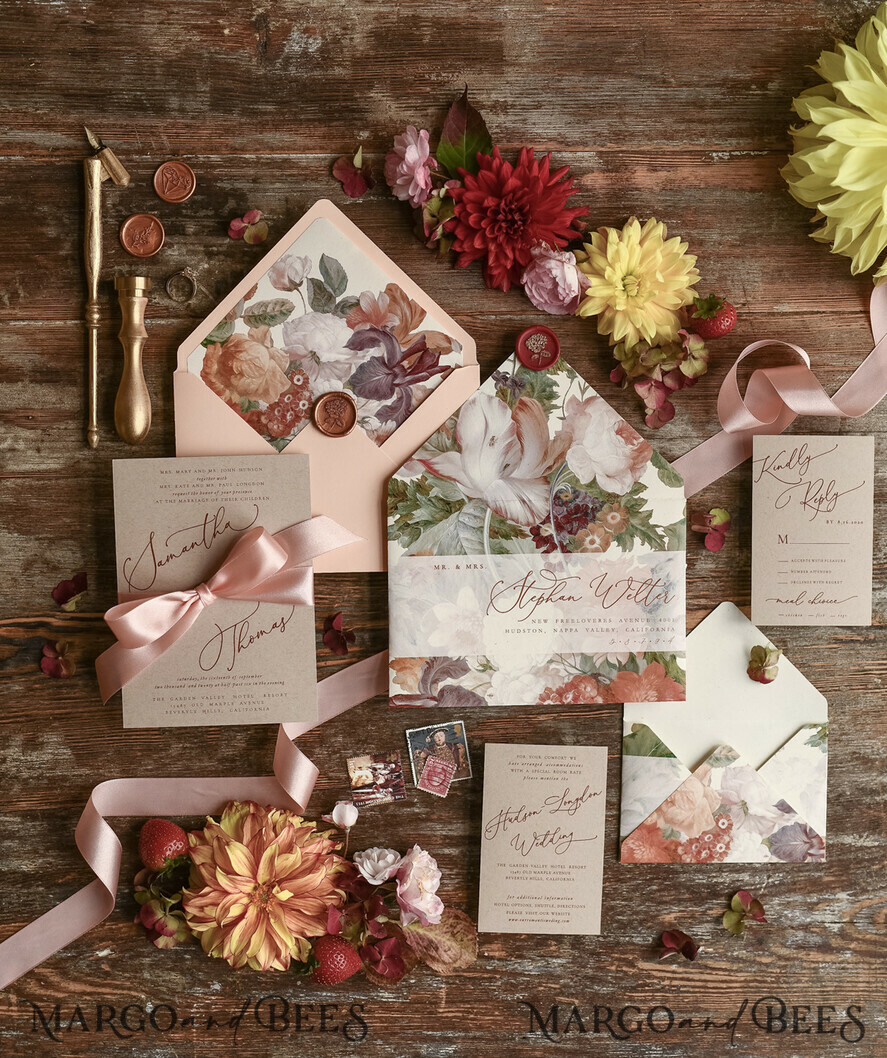 WEDDING INVITATIONS floral / boho / watercolor Wedding invitation suite elegant with calligraphy pritning floral pastel peach