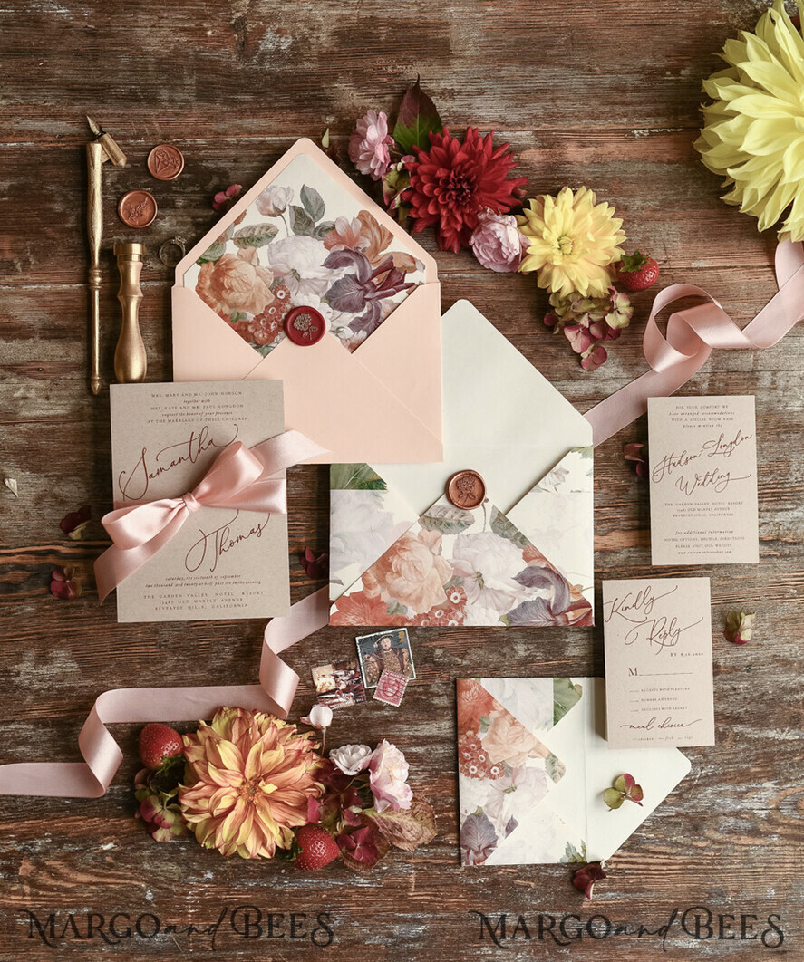 WEDDING INVITATIONS floral / boho / watercolor Wedding invitation suite elegant with calligraphy pritning floral pastel peach