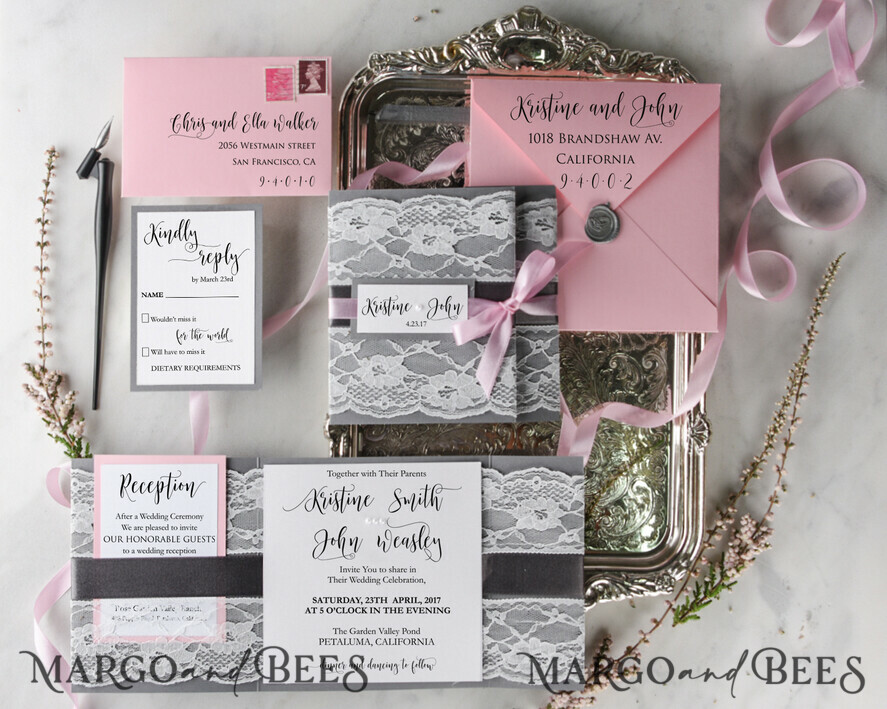 WEDDING INVITATIONS vintage lace/ rustic lace Bespoke wedding invitation elegant lace stationery glamour