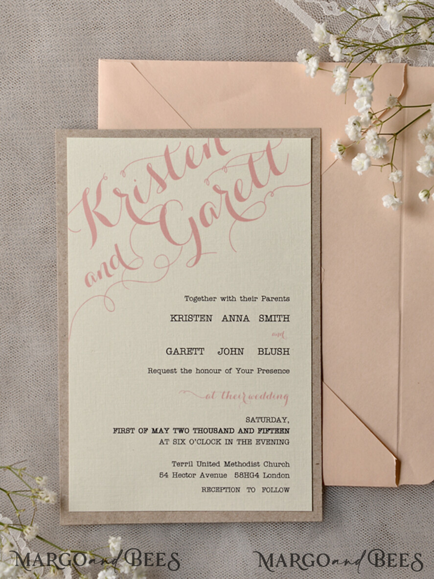 WEDDING INVITATIONS vintage lace/ rustic lace Peach Rustic Wedding Invitations with Real Lace Minimalist Invitation perfect for Summer Country Wedding