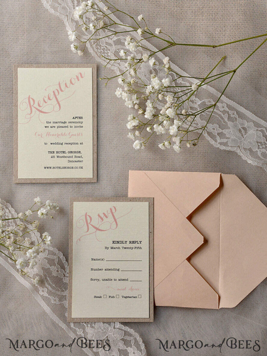 WEDDING INVITATIONS vintage lace/ rustic lace Peach Rustic Wedding Invitations with Real Lace Minimalist Invitation perfect for Summer Country Wedding