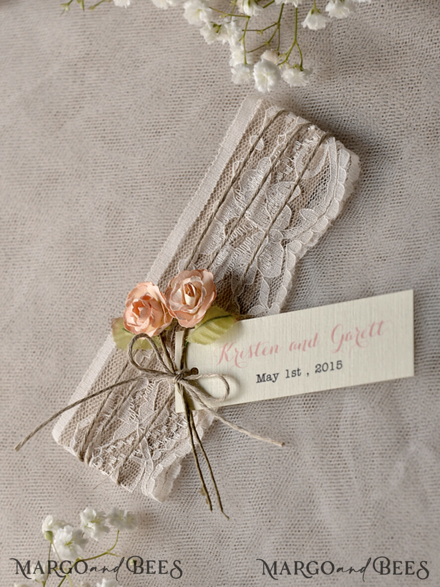 WEDDING INVITATIONS vintage lace/ rustic lace Peach Rustic Wedding Invitations with Real Lace Minimalist Invitation perfect for Summer Country Wedding