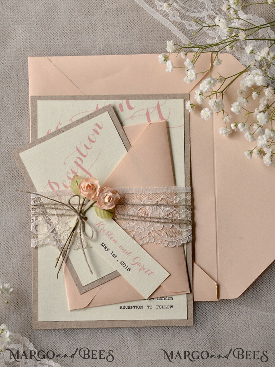 WEDDING INVITATIONS vintage lace/ rustic lace Peach Rustic Wedding Invitations with Real Lace Minimalist Invitation perfect for Summer Country Wedding