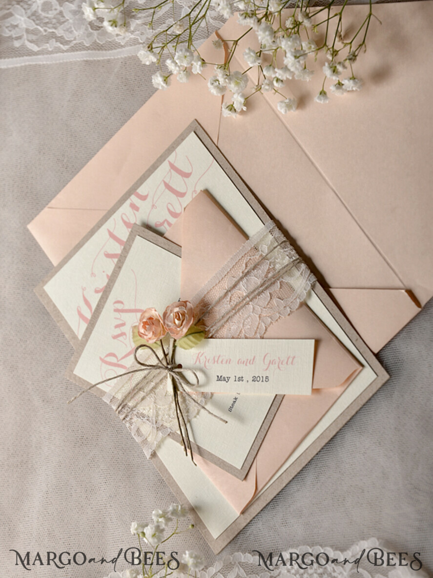 WEDDING INVITATIONS vintage lace/ rustic lace Peach Rustic Wedding Invitations with Real Lace Minimalist Invitation perfect for Summer Country Wedding