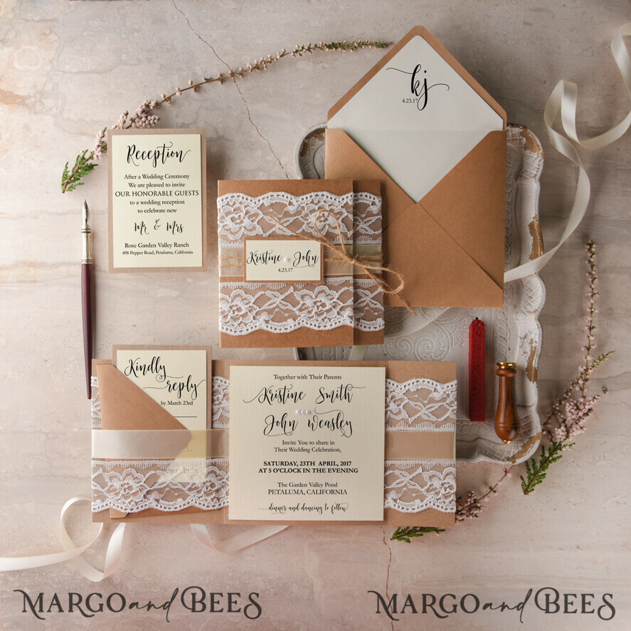 WEDDING INVITATIONS vintage lace/ rustic lace Unique wedding invitations vintage lace invites