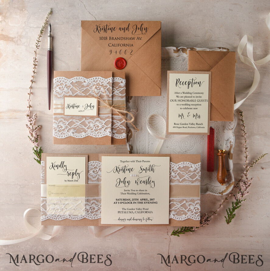 WEDDING INVITATIONS vintage lace/ rustic lace Unique wedding invitations vintage lace invites