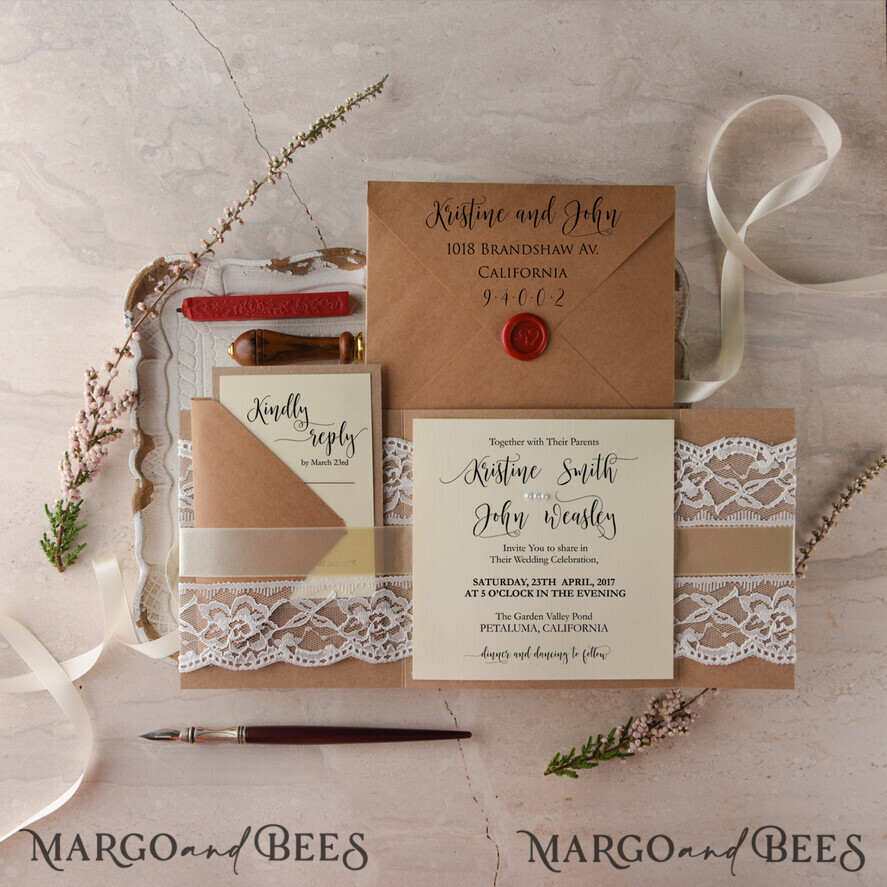 WEDDING INVITATIONS vintage lace/ rustic lace Unique wedding invitations vintage lace invites