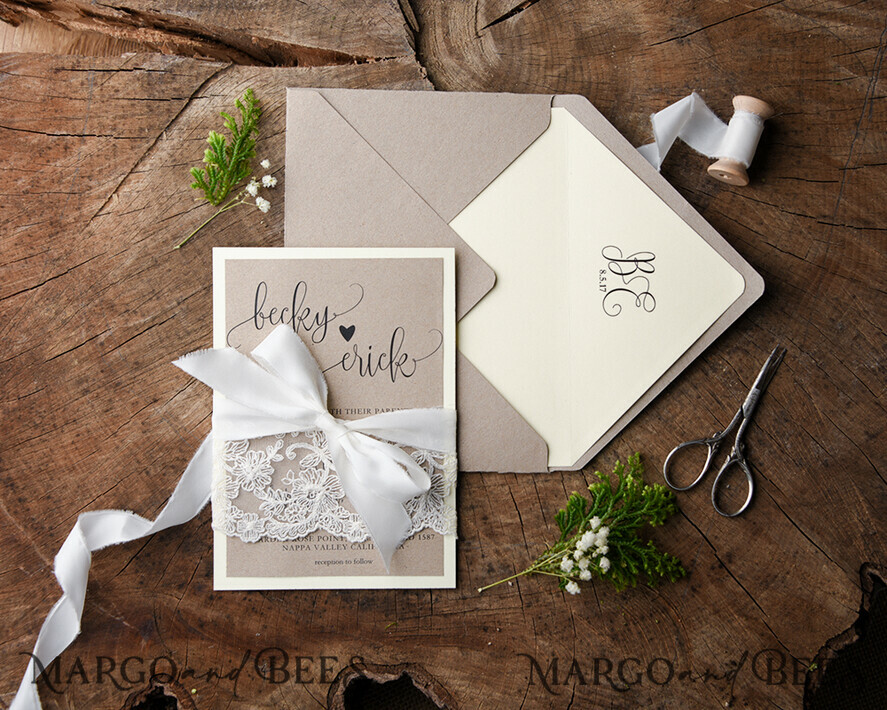 WEDDING INVITATIONS vintage lace/ rustic lace Wedding invitations custom colors elegant chic invites