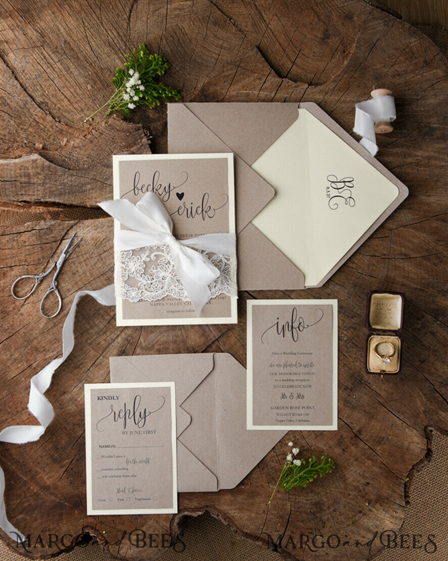 WEDDING INVITATIONS vintage lace/ rustic lace Wedding invitations custom colors elegant chic invites
