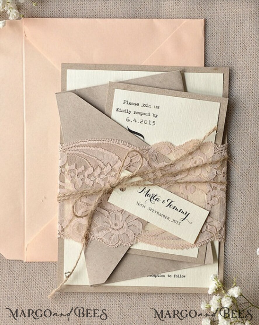 WEDDING INVITATIONS vintage lace/ rustic lace Handmade wedding invitation lace invites