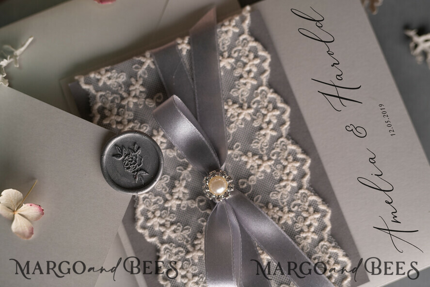 WEDDING INVITATIONS vintage lace/ rustic lace Vintage Lace Wedding Invitations Elegant Grey Ivory ribbon and Bow