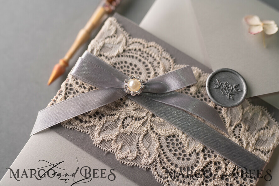 WEDDING INVITATIONS vintage lace/ rustic lace Vintage Lace Wedding Invitations Elegant Grey Ivory ribbon and Bow